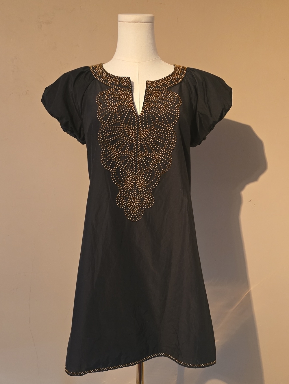 Black Puff-Sleeve Tunic with Gold Stud Detailing